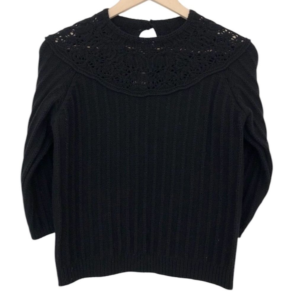 Dries Van Noten Sweater Women's Small Vintage Black Wool Crochet Yoke 3/4 Sleeve